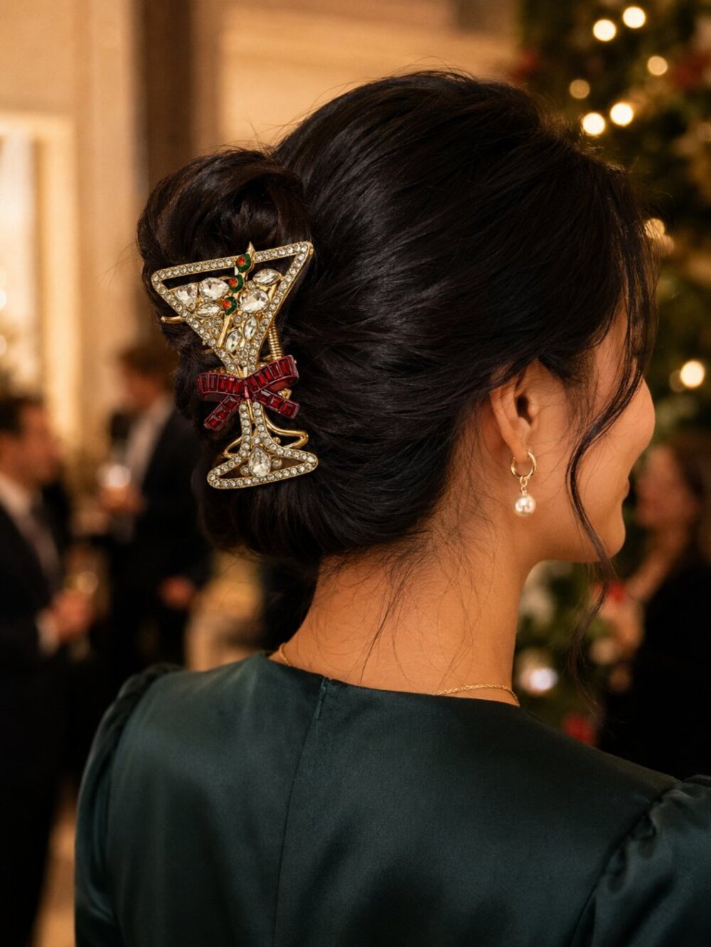 NWT - Piper K Jeweled Martini Glass with Red Bow Metal Hair Clip